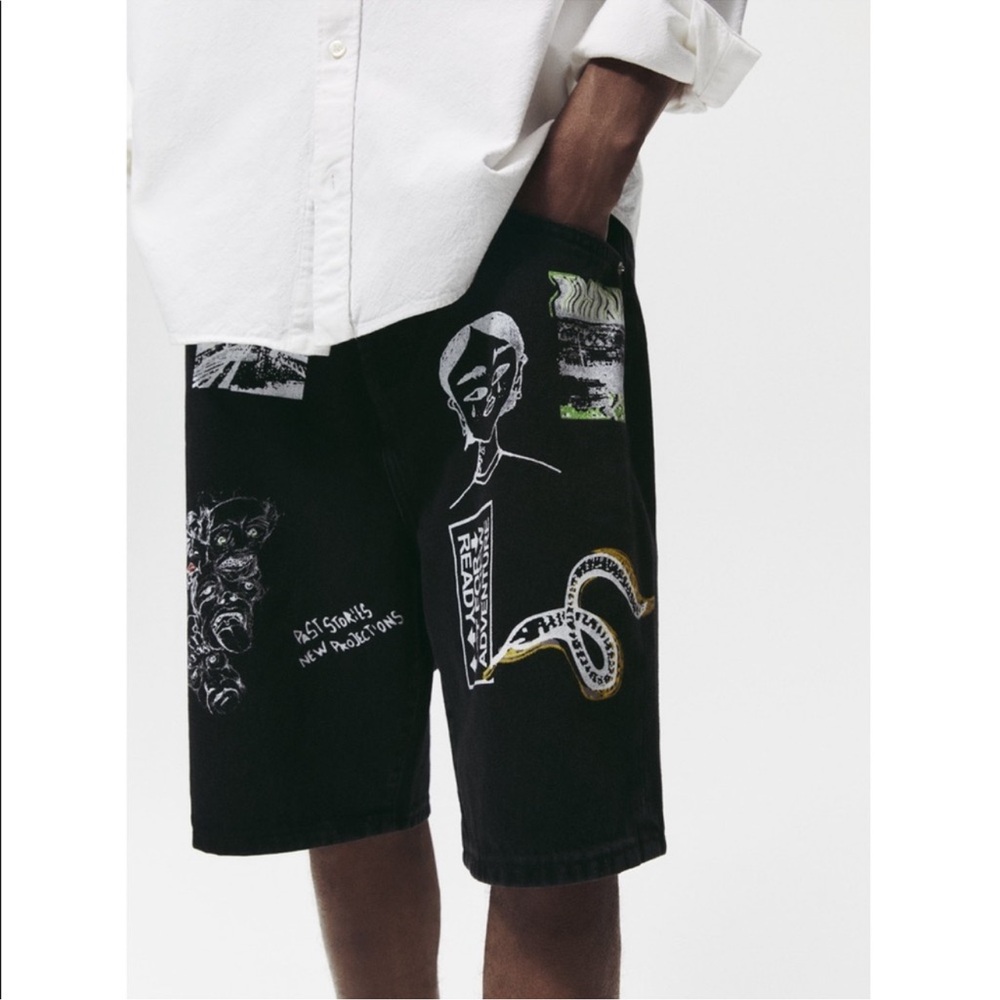 Zara Radical Variation Men's Graffiti Hypebeast Black Jean Shorts Size 31 NWT